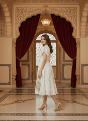 Elegant White Floral Midi Dress with Ruffle Sleeves