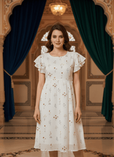 Elegant White Floral Midi Dress with Ruffle Sleeves