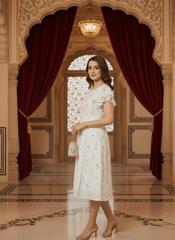 Elegant White Floral Midi Dress with Ruffle Sleeves