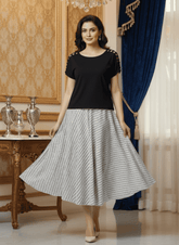 Black Cutout Sleeve Top with Checkered Flared Skirt