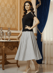 Black Cutout Sleeve Top with Checkered Flared Skirt