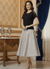 Black Cutout Sleeve Top with Checkered Flared Skirt