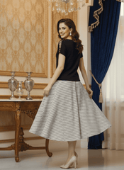 Black Cutout Sleeve Top with Checkered Flared Skirt