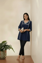 Navy Blue Embroidered Tunic Top