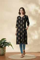 Women’s Black Printed Straight Kurta with Pockets