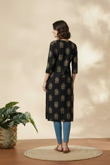 Women’s Black Printed Straight Kurta with Pockets