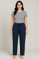 Navy Blue Pinstripe Cotton Lounge Pant For Women