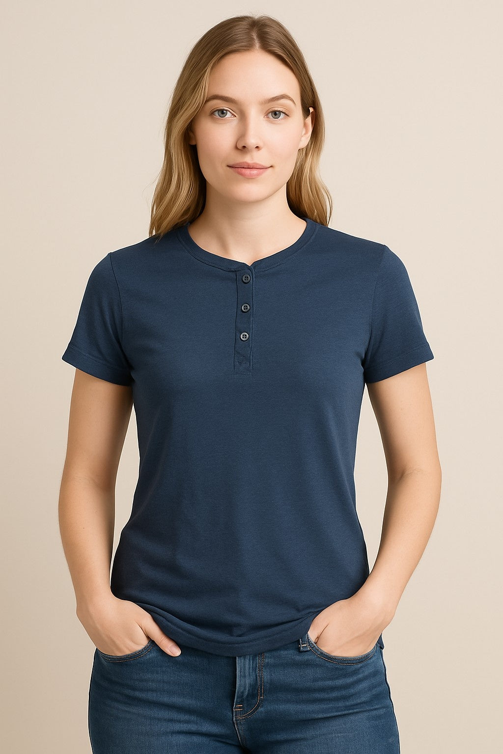 Navy Blue Henley Neck Cotton T-Shirt
