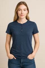 Navy Blue Henley Neck Cotton T-Shirt