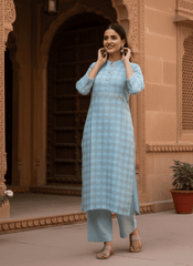 Women’s Light Blue Printed Straight Kurta