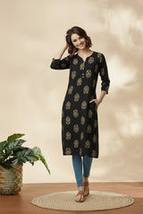 Women’s Black Printed Straight Kurta with Pockets